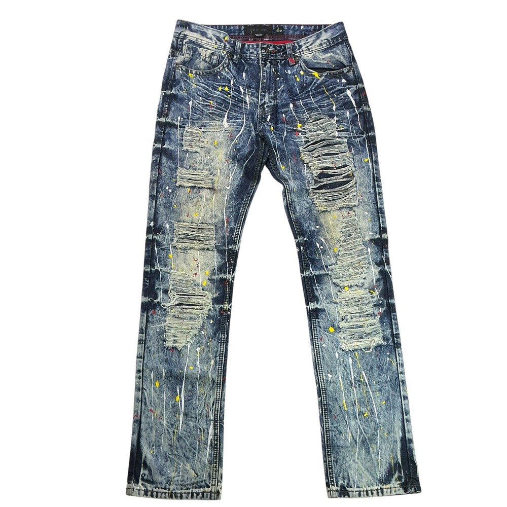 Decibel Blue Jeans Mens 32x34 Distressed Paint Splatter Acid Wash Straight Leg